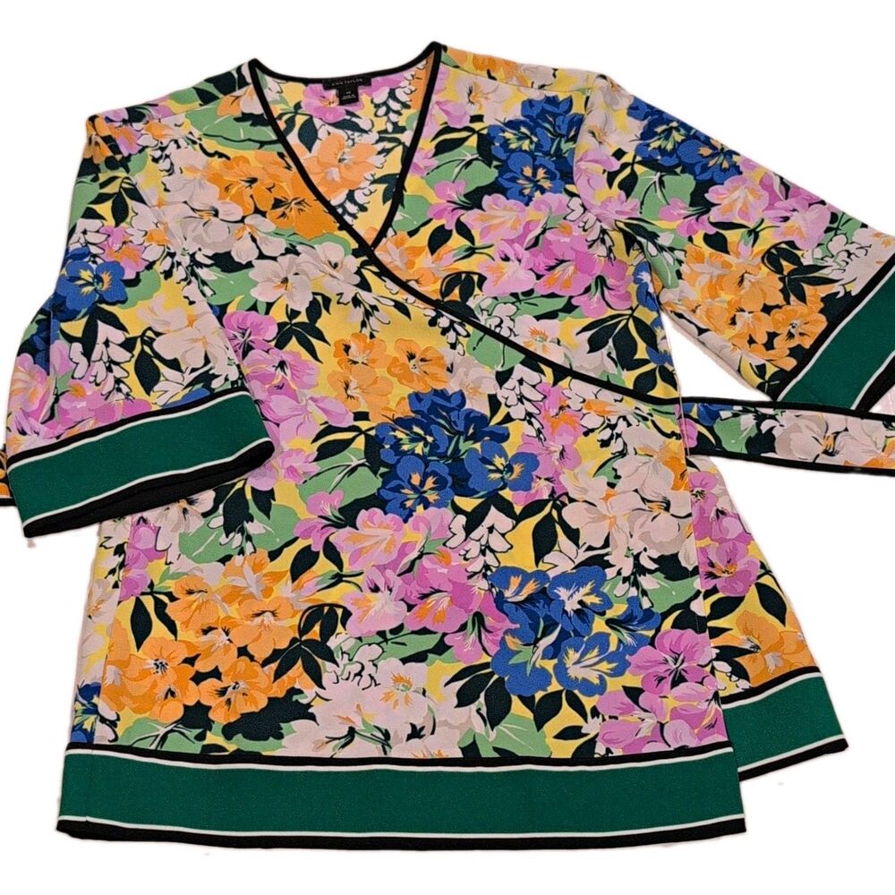 Loft Ann Taylor Blouse XS Wrap Tunic Floral V-Neck Kimono Sleeve Waist Tie Belt